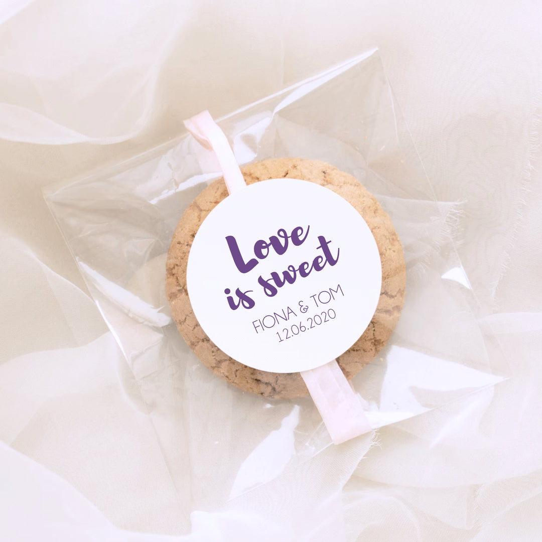 Biodegradable Personalised Glossy White Stickers Contemporary Love is Sweet Wedding Sticker