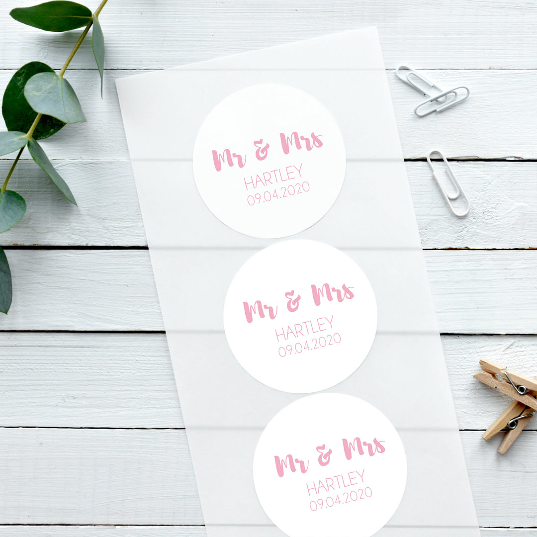 Biodegradable Glossy White Stickers Contemporary Mr & Mrs Personalised Wedding Sticker