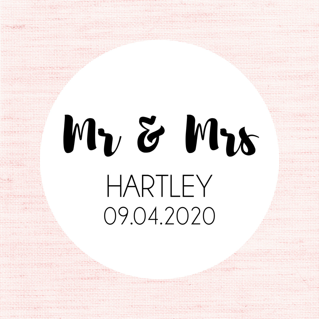 Biodegradable Glossy White Stickers Contemporary Mr & Mrs Personalised Wedding Sticker