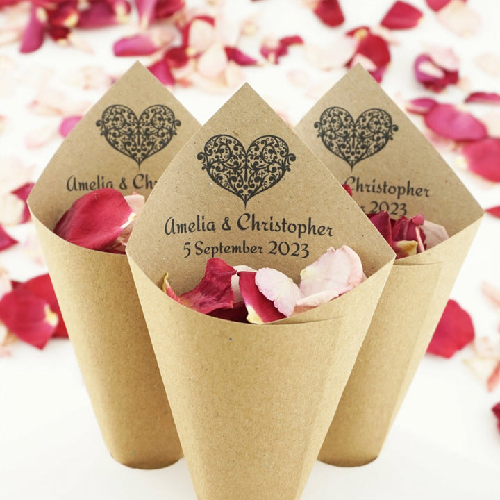 Handcrafted Personalised Ornate Heart Wedding Confetti Cones