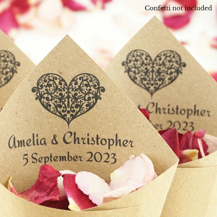 Handcrafted Personalised Ornate Heart Wedding Confetti Cones