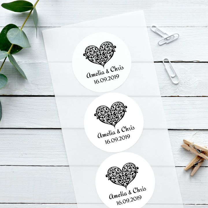 Biodegradable Personalised Glossy White Stickers Ornate Heart Wedding Sticker