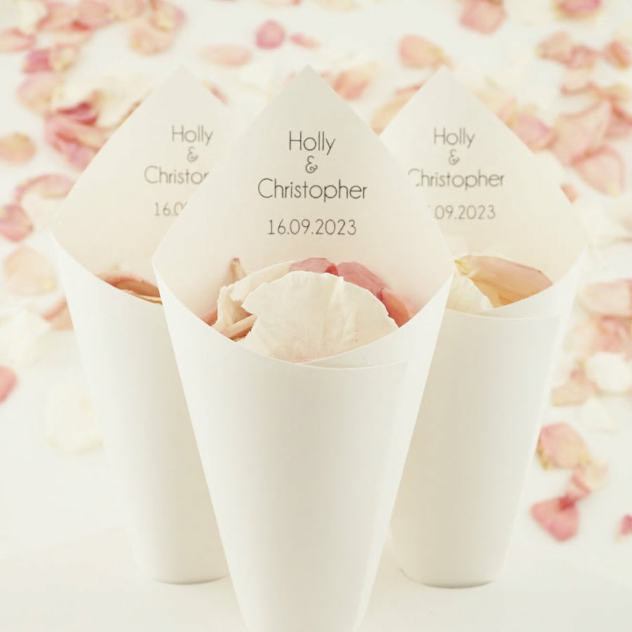 Personalised Wedding Confetti Cones  - Simplicity Cones - Crafted from Recycled paperstock - Eco-Friendly Confetti Cones - Sustainable Wedding Ideas - The Dried Petal Company