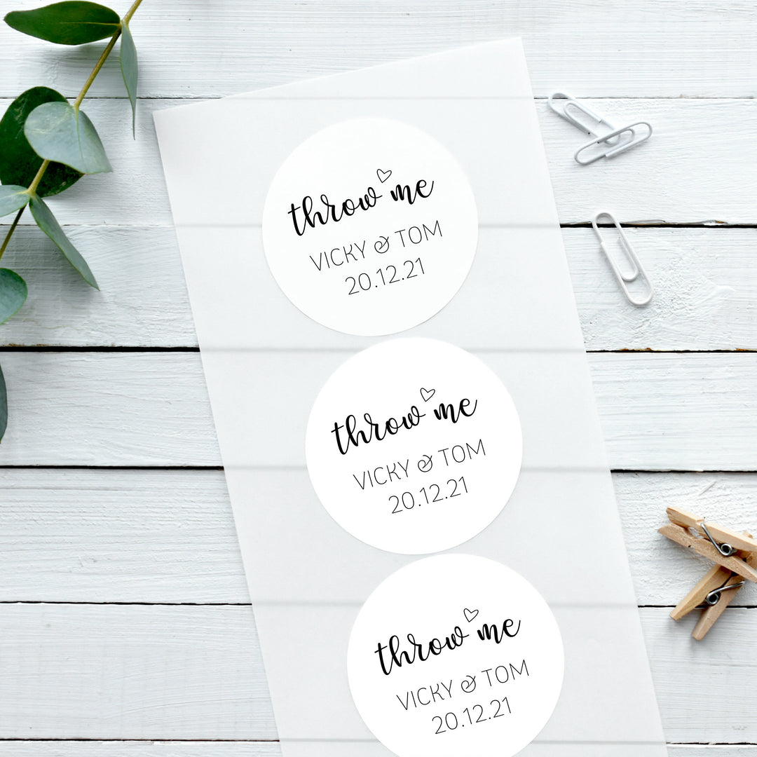 Biodegradable Personalised Glossy White Stickers Adorable Throw Me Wedding Sticker