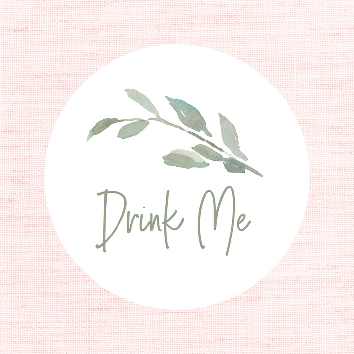 Watercolour Leaf Drink Me Biodegradable Glossy White Stickers Wedding Sticker