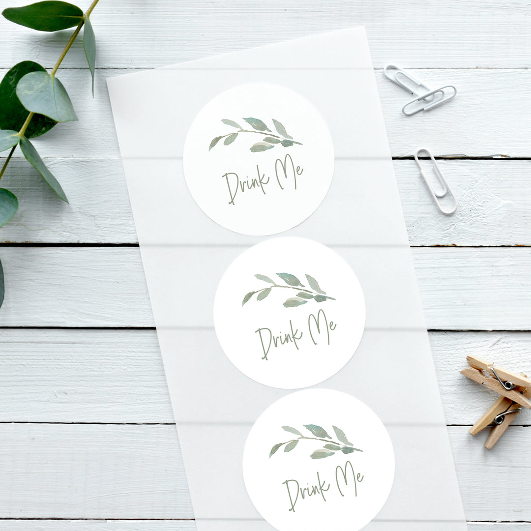 Watercolour Leaf Drink Me Biodegradable Glossy White Stickers Wedding Sticker