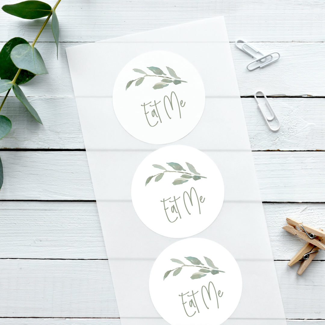 Watercolour Leaf Eat Me Biodegradable Glossy White Stickers Wedding Stickers