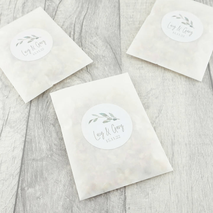 Glassine Envelopes with Personalised Watercolour Leaf Sticker & Dried Petal Confetti