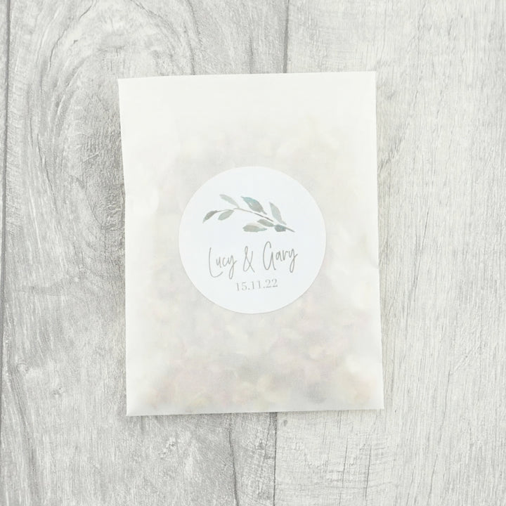 Glassine Envelopes with Personalised Watercolour Leaf Sticker & Dried Petal Confetti