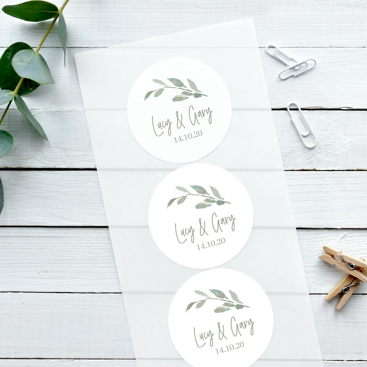 Biodegradable Personalised Watercolour Leaf Glossy White Stickers Wedding Sticker