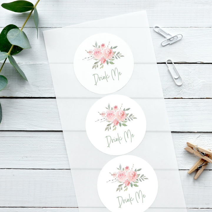 Watercolour Rose Drink Me Biodegradable Glossy White Stickers Wedding Stickers