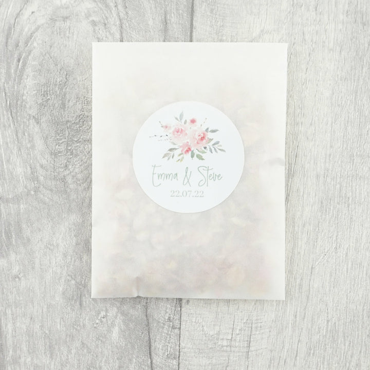 Glassine Envelopes with Personalised Watercolour Rose Sticker & Dried Petal Confetti