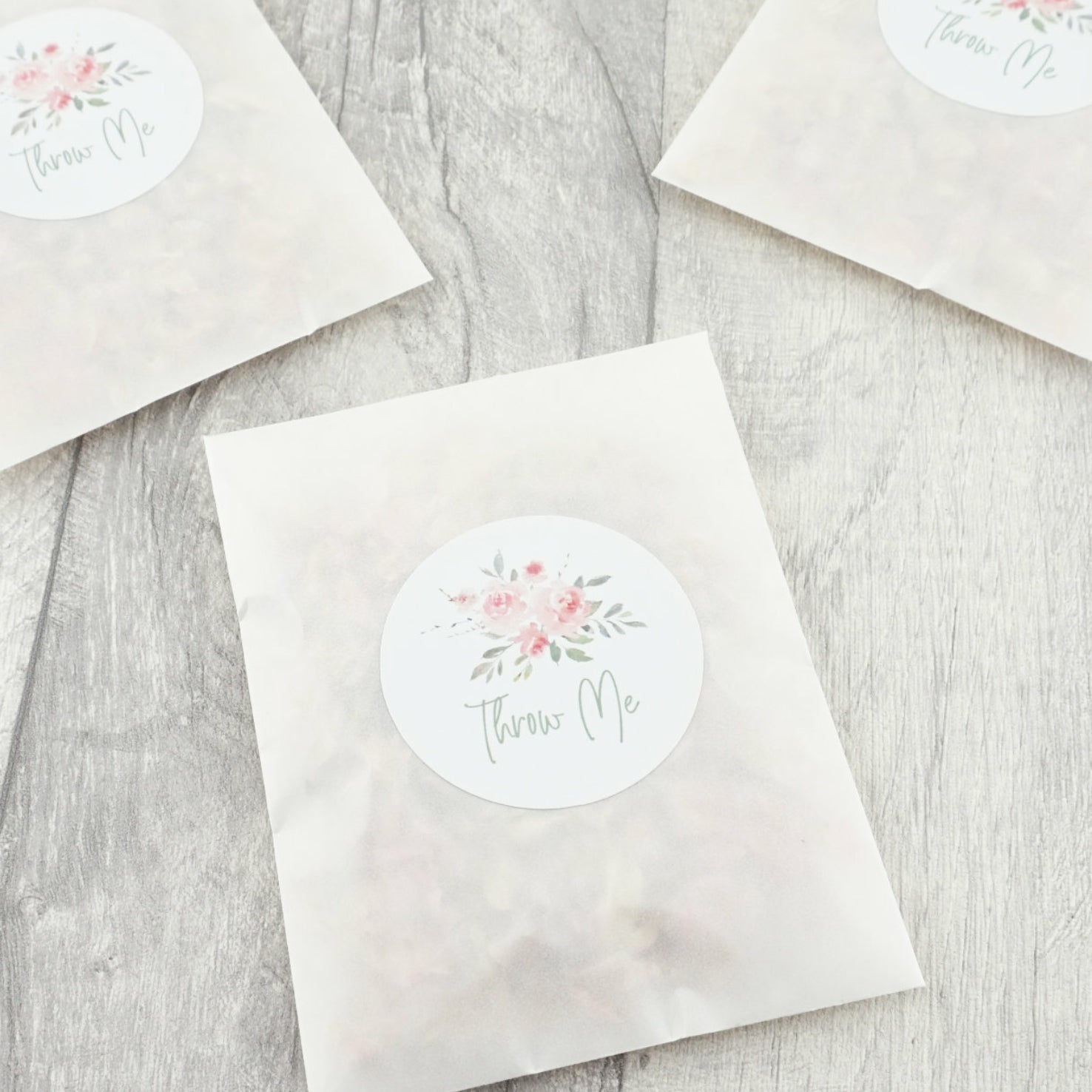 Wedding confetti envelopes with stickers - confetti sachets - Watercolour Rose - Throw Me - glassine bags - The Dried Petal Company